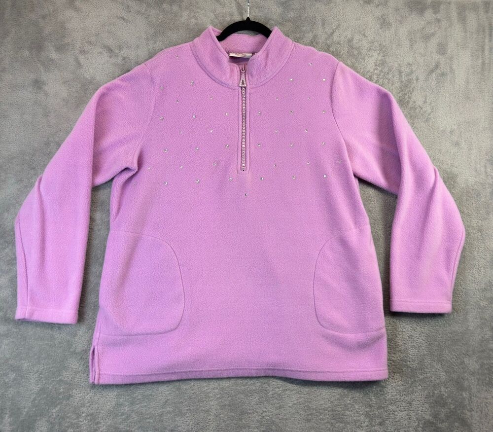 Quacker Factory Pullover Womens L Pink Fleece 1/4 Zip Rhinestone Studded Pockets